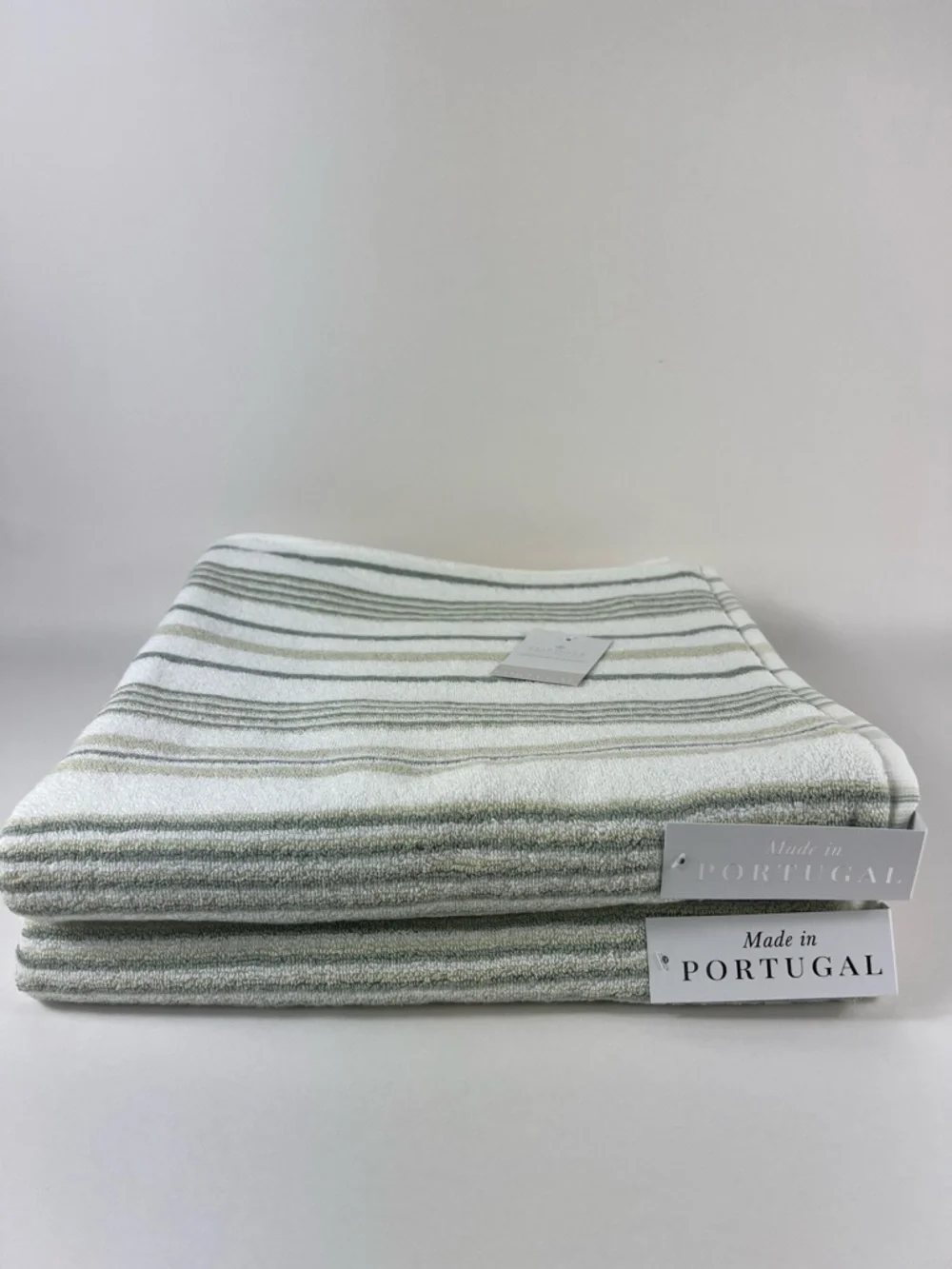 Felpinter Bath Towels Green Tan White Striped Soft Combed Cotton Set of 2 NEW